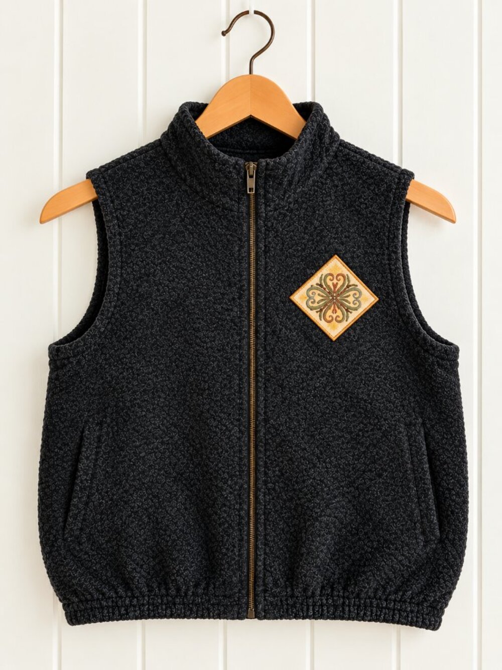 Jackye Mills Thick Black Fleece Vest Artisan Hand Painted Women's Size Large